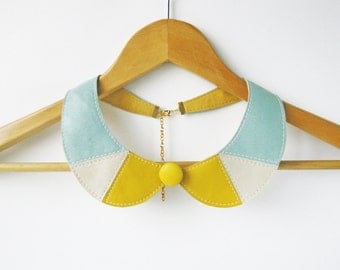 Mint Yellow Leather Necklace Peter Pan Detachable Collar - Leather Bib Necklace Gift Idea