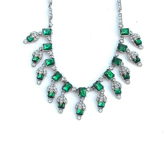 Art Deco Emerald Green Faux Diamond Marcasite Fringe Bib