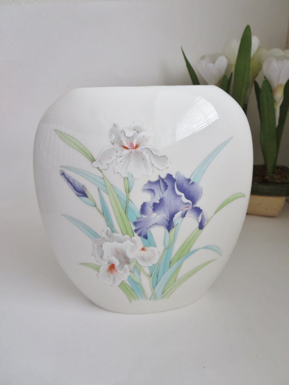 Items similar to White Porcelain Vase with Pastel Iris Flowers