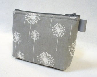 Gray White Dandelion Fabric Gadget Pouch Cosmetic Bag Zipper Pouch Makeup Bag Bridesmaid Gift Cotton Zip Pouch Premier Prints MTO