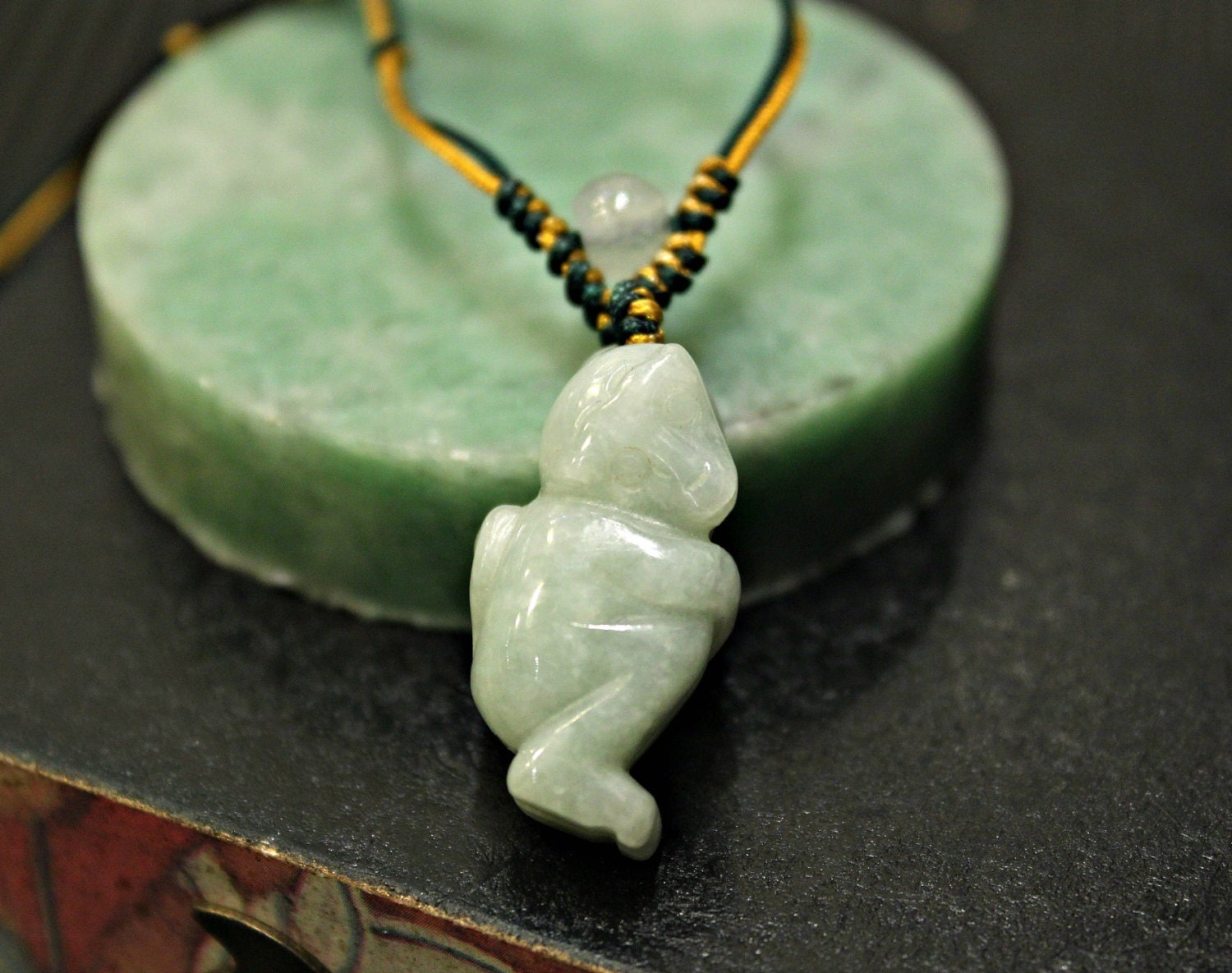 Jade Monkey Pendant Necklace light Green Jade /// Year of
