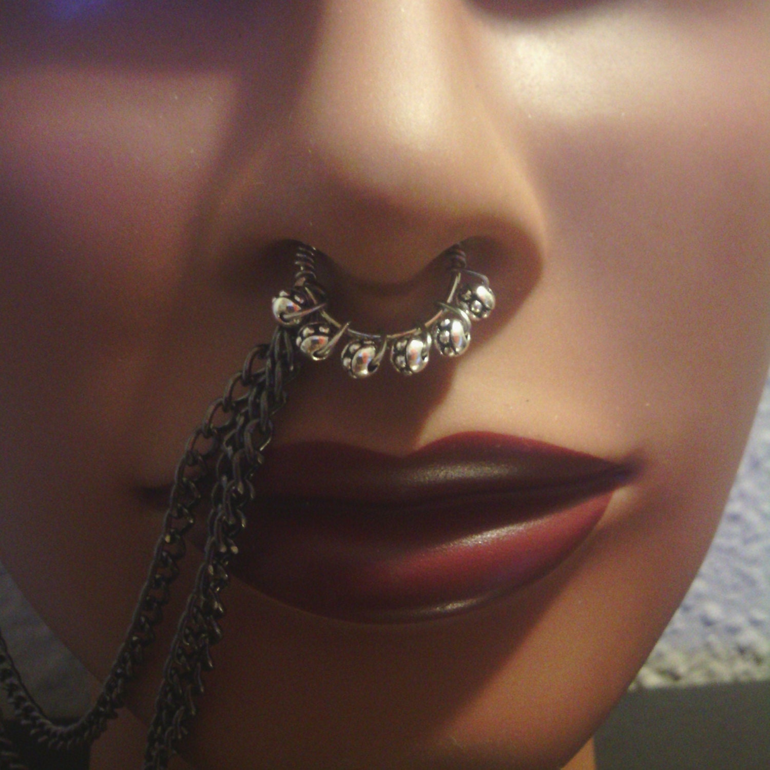 Non Piercing Silver Septum Ring with Chain to Earring