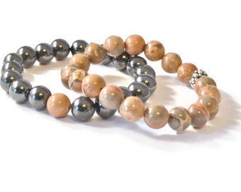 Magnetic Therapy Jewelry, Black Hematite and Jasper Stacked Stretch Bracelets