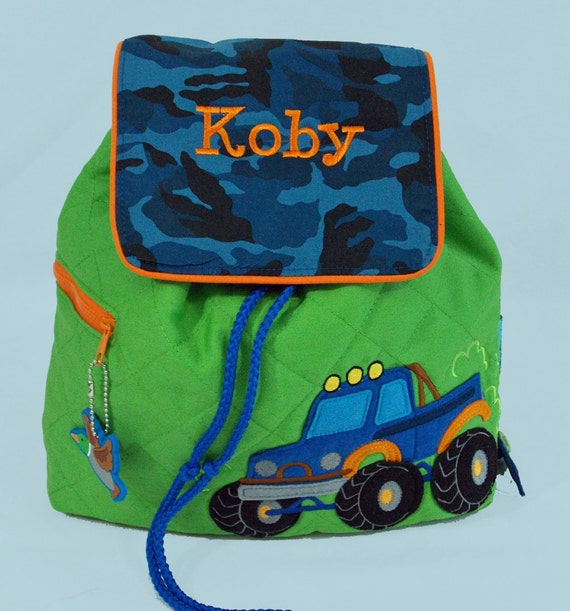 Personalized Stephen Joseph Quilted Backpack TRUCK themed in Blue CAMO and Bright Green With Orange Trim