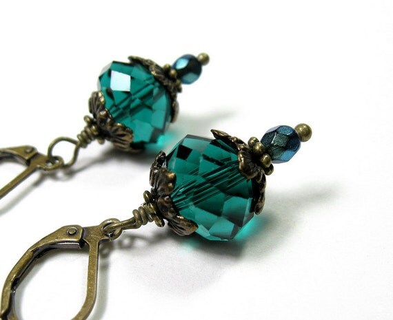 Teal Czech Glass Vintage Style Dangle Earrings, Victorian Style, Blue Green, Cyan, Antiqued Brass, For Her, Womens Accessories, Fashion
