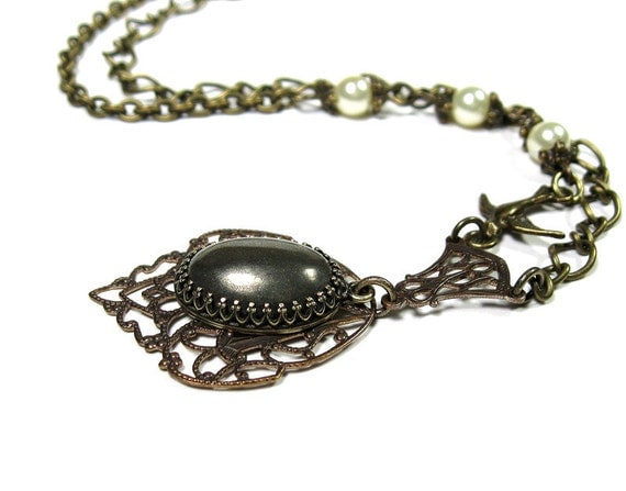 Smoky Grey, Pyrite Gemstone Cabochon, Victorian Style, Pendant Necklace, Crown Setting, Natural Stone, Vintaj Brass, Ivory Swarovski Pearls