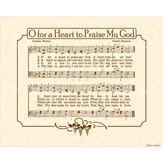 O For A HEART To PRAISE My GOD 8x10 Antique Hymn Vintage