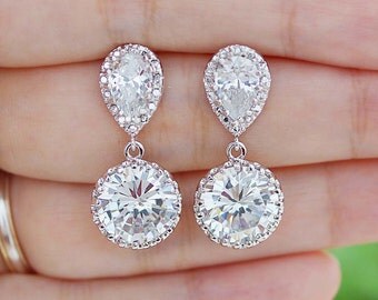 Bridal Earrings Round Cubic Zirconia Drop Earrings Dangle Earrings Wedding Jewelry Bridesmaid Gift Bridal Jewelry Earrings (E-B-0125)