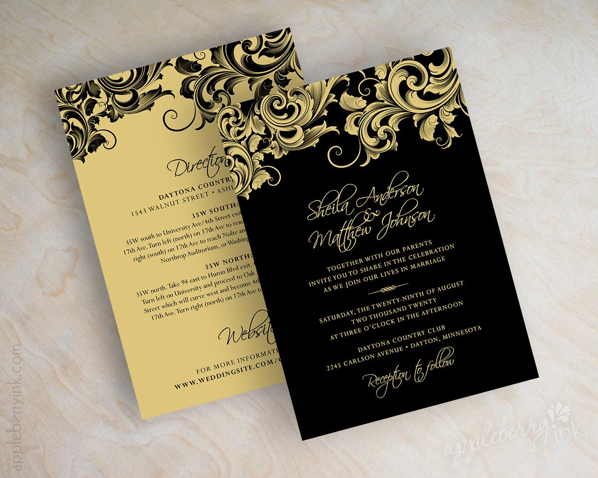 Black and gold wedding invitations victorian filigree design