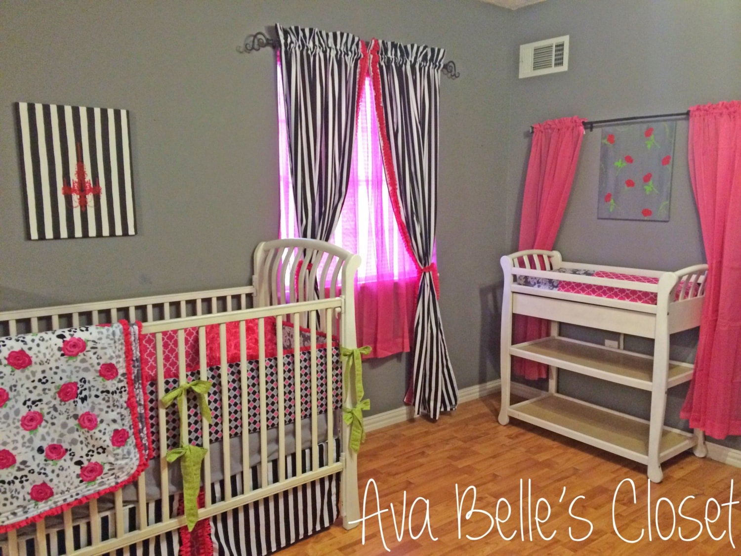 Baby Girl Nursery Bed Set Hot Pink Grey Floral by AvaBellesCloset