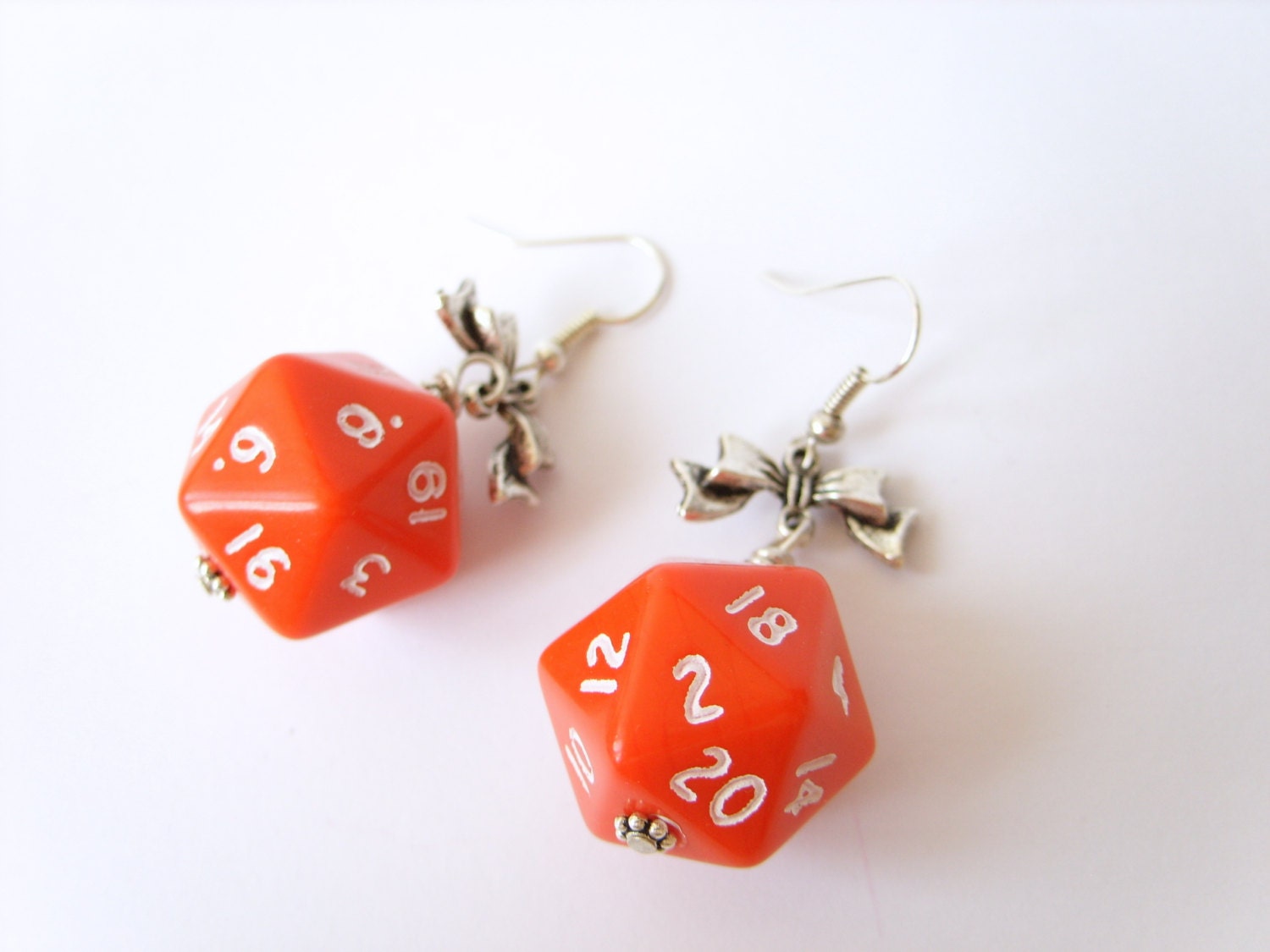 D20 dice earrings red dice jewelry ribbon bow D20 earrings
