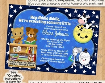 Nursery Rhyme Baby Shower Invitations / hey diddle diddle cow jumped over the moon cat dog dish NAVY #0146c Personalized DIGITAL INVITATION