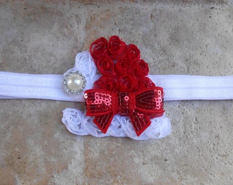 Christmas Red and white Santa hat flower headband bow holiday newborn-toddler-girls