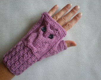 Hand-knitted lilac color wrist warmers with knitted owl,Fingerless Gloves , Winter Fingerless Gloves , Christmas Gift ideas ,Gifts For Her
