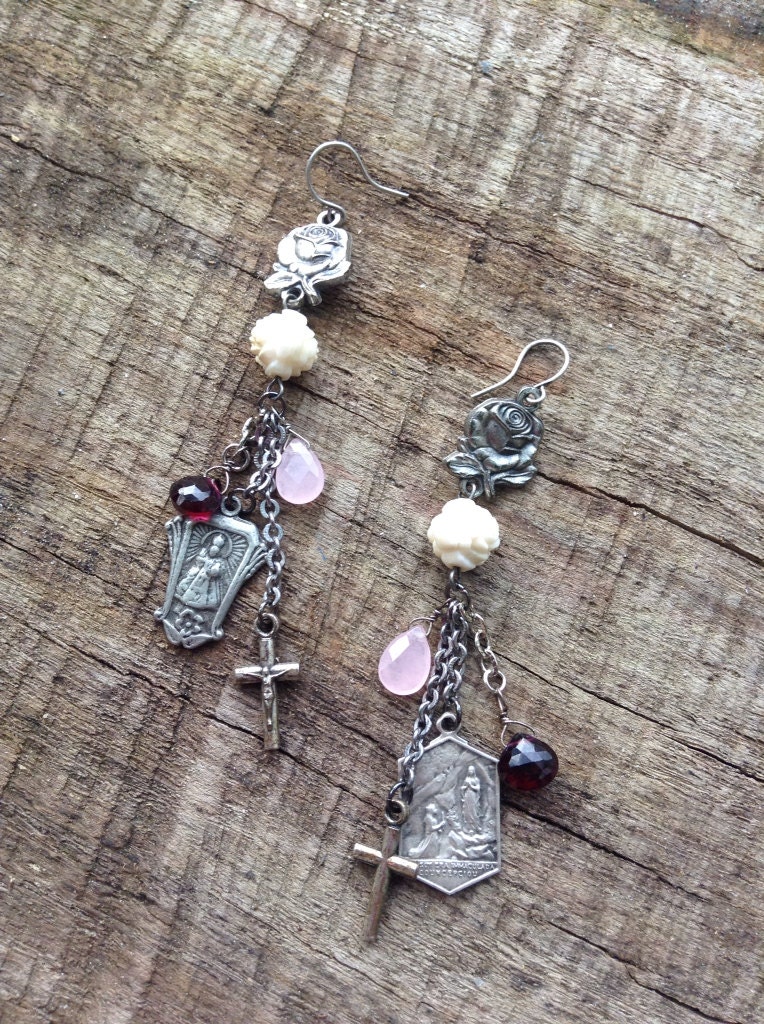 Upcycled Vintage Religious Assemblage Earrings Dangly OOAK