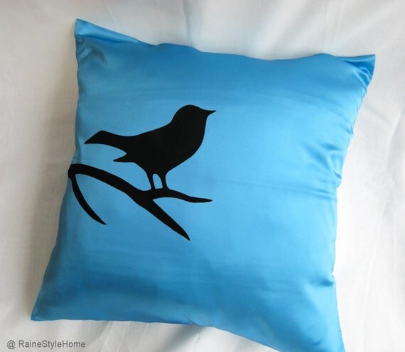 Bird On Branch Aqua Blue And Black Pillow Cover. Modern Bird