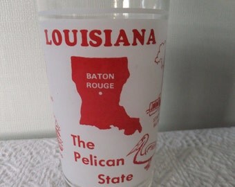 Vintage Souvenir State Glass Tumbler Louisiana Frosted White Red Vacation Travel Retro Road Trip Display