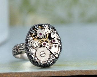 steampunk jewelry, fine jewelry, sterling silver steampunk ring, THE TIME PIECE, vintage Bulova watch movement ring, floral band,