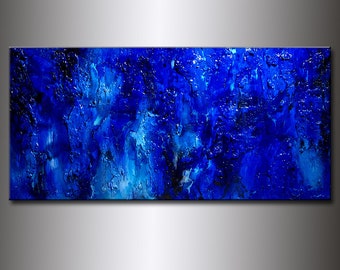 Original Textured BLUE Abstract Painting, Contemporary Modern fine art by Henry Parsinia Large 48x24