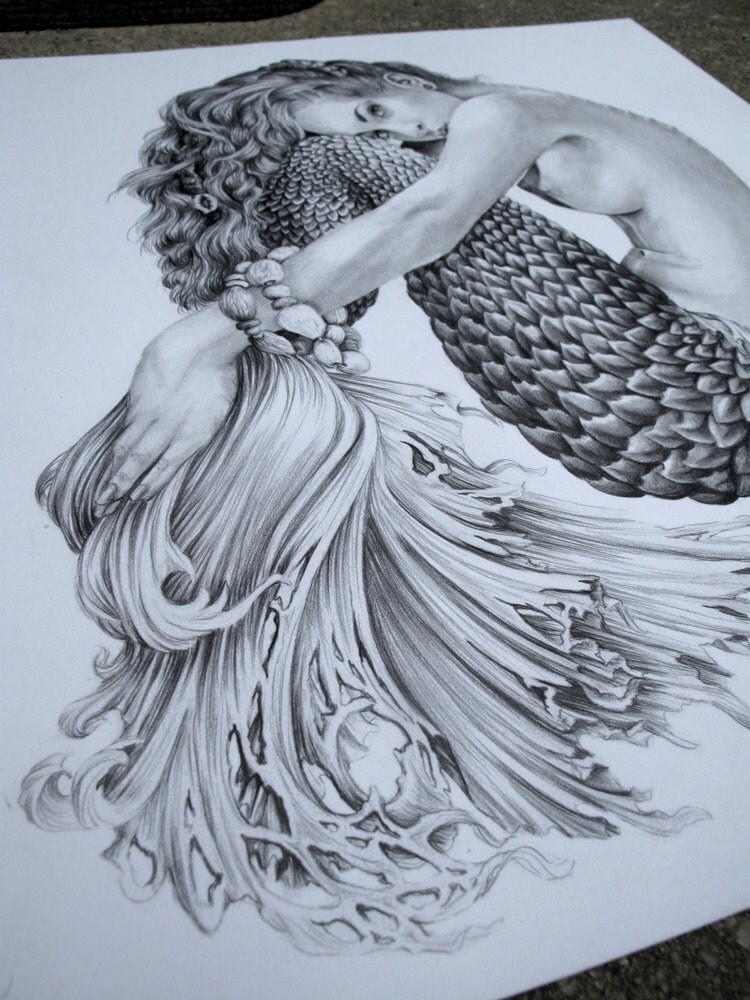 Mermaid Illustration Black and white 8 X10 by ...