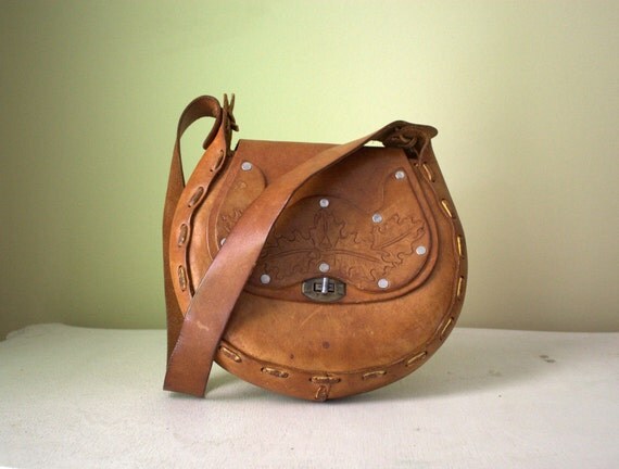 Vintage 1970s Tooled Leather Purse 70s Hippie Purse with