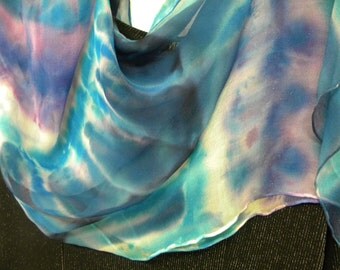 Blue transparent scarf. Hand painted blue silk chiffon long scarf in shades of sunny sea: cyan blue/ light blue, white, ultramarine, purple