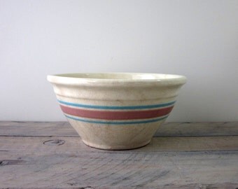 Vintage Pottery Mixing Bowl with Pink and Blue Stripes