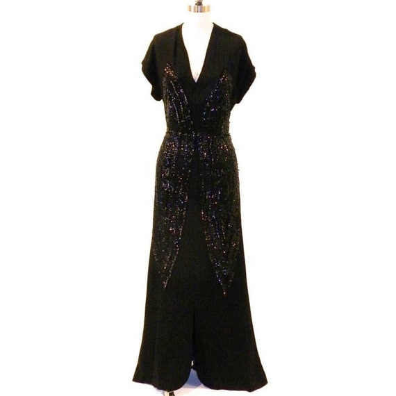 1940s Evening Dress, 40s Sequin Dress, Black Rayon Crepe Vintage ...
