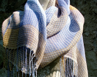 Handwoven Linen Flax Scarf (Shawl)- Pastel Tartan- Light, Peach, Amber, Blue, Lavender
