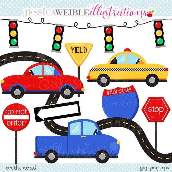 On The Road Cute Digital Clipart - Commercial Use OK - Car Clipart, Taxi, Road Signs Graphics Il_570xn