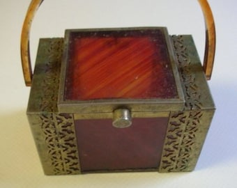 Vintage Tortoise Shell Lucite Purse with Brass Filigree