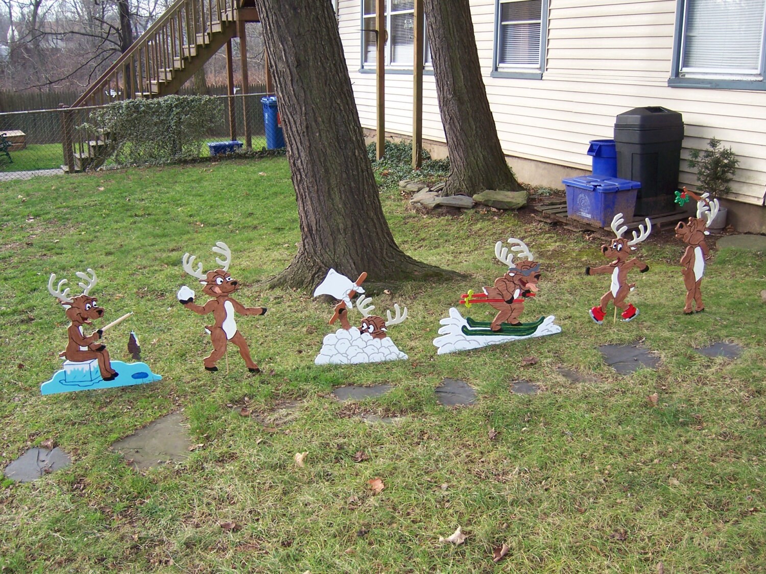 Handmade custom painted wooden playful reindeer for your yard- Set of 6