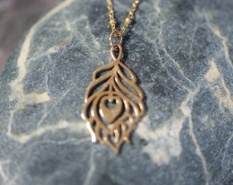 Gold Filled Satellite Chain with Bronze Peacock Feather, Handmade