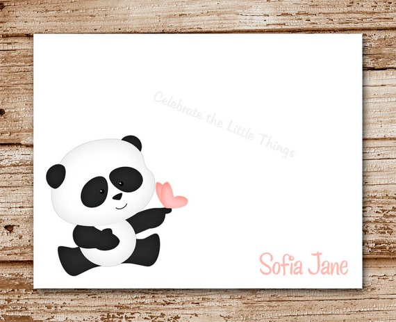 Set of 8 Panda Note Cards, Notecards | Personalized Stationery | Panda Bear, Pink Butterfly | Zoo, Jungle Il_570xn