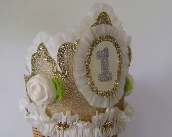 1st Birthday Crown, Hat -  or customize with any number or banner- Gold Glitter