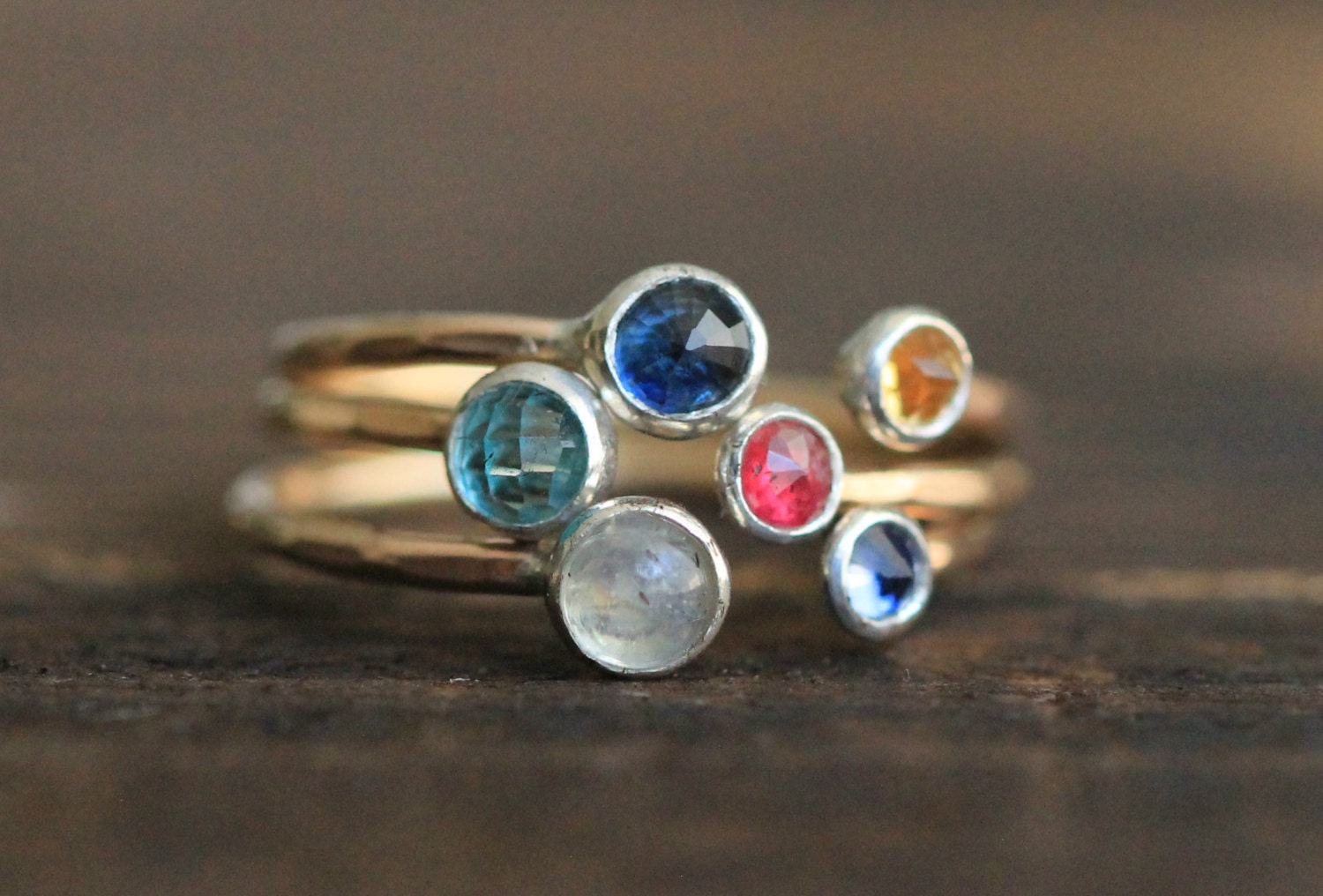 Two Gemstone Double Birthstone Adjustable Stacking Ring Set