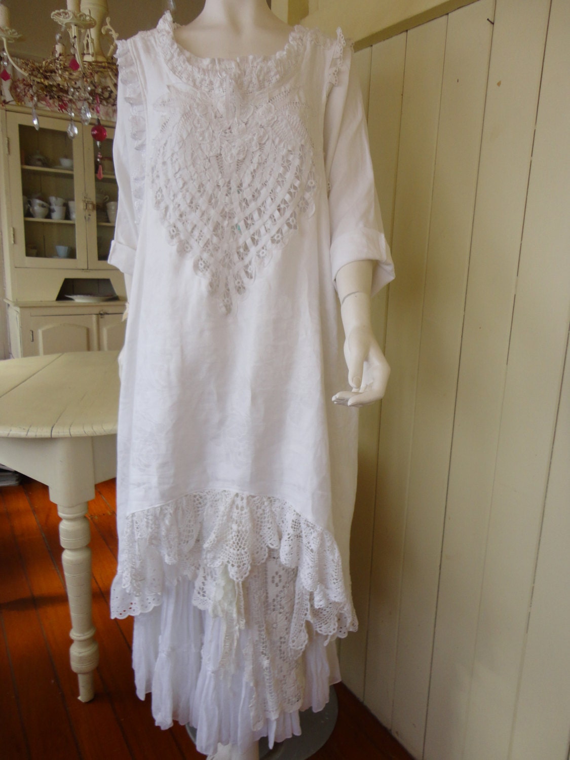 Romantic White Apron Dress Plus Size Handmade by vintacci on Etsy