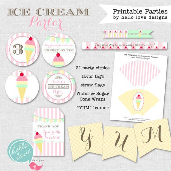 Ice Cream Parlor Party FULL Printable Birthday Party Collection - Invitation Included - hello love designs Il_570xn