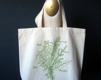 Screen Printed Recycled Cotton Tote Bag - Eco Friendly Grocery Tote - Canvas Tote Bag - Large Tote - Herb Bunch Book Bag - Project Bag