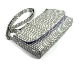 Small Cross Body Bag, Gray Purse, Mini Messenger Bag, Pocketbook - Premier Prints Scribble Stripe Gray with Purple, Adjustable Strap