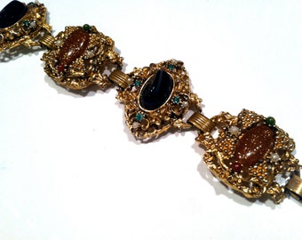 Victorian ANTIQUE Art Nouveau Black Cabochon Brown Confetti CHUNKY Wide Link Bracelet Vintage Designer Jewelry artedellamoda Bookchain Cuff
