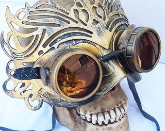 Gold Distressed-Look '50 SHADES of GREY' Influenced Elegant Steampunk Glam Ballroom Masquerade Mask & Goggles Set Combination