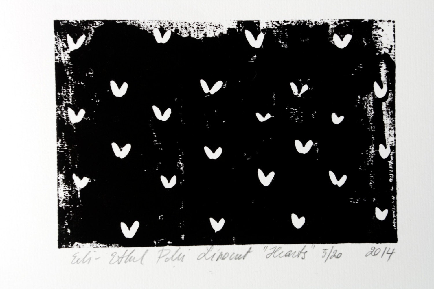 heart paper linocut original hearts black white by EeliArtStudio