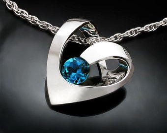 heart necklace, blue topaz pendant, London blue topaz, valentine necklace, December birthstone, contemporary jewelry - 3401