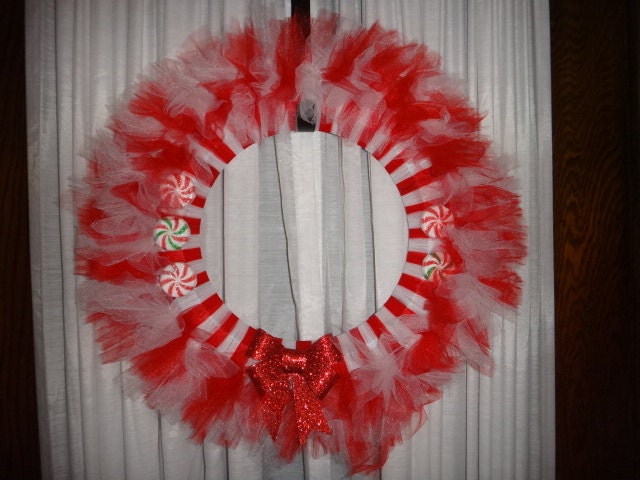 Christmas Candy and Tulle Wreath with Red Sparkle Bow