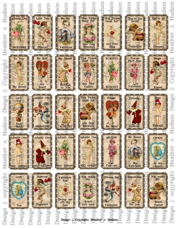 Victorian Vintage Valentine's Day Shabby Chocolate Cream Tickets Digital Collage sheet Printable