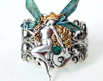 Victorian green fairy ring, adjustable ring, silver filigree, fairy jewellery, fae ring, handpainted jewelry, la fee verte, silver fairy