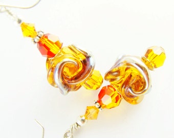 Lampwork Earrings, Lampwork Jewelry, Amber Glass Bead Earrings, Brown Dangle Earrings, Beadwork Earrings, Rustic Drop Earrings