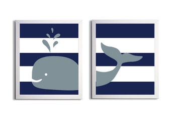 Nursery Whale Kids Room Art Nautical Beach Ocean Sea Prep Stripes Navy Grey more colors available set of 2