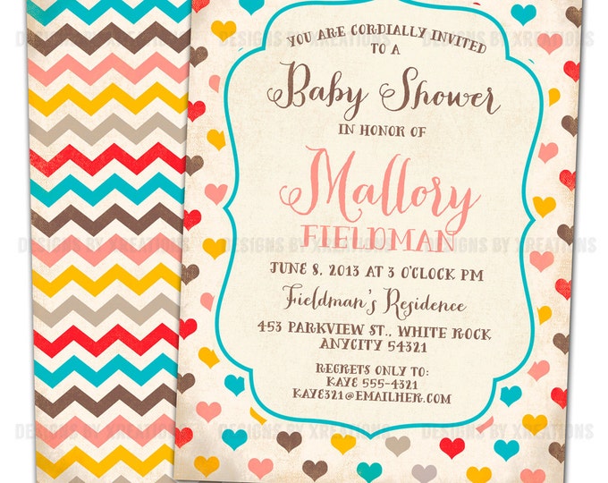 Rustic Vintage Shabby Chic Hearts and Chevron Invitation - Customizable Wordings - Wedding - Bridal Shower - Baby Shower - Birthdays